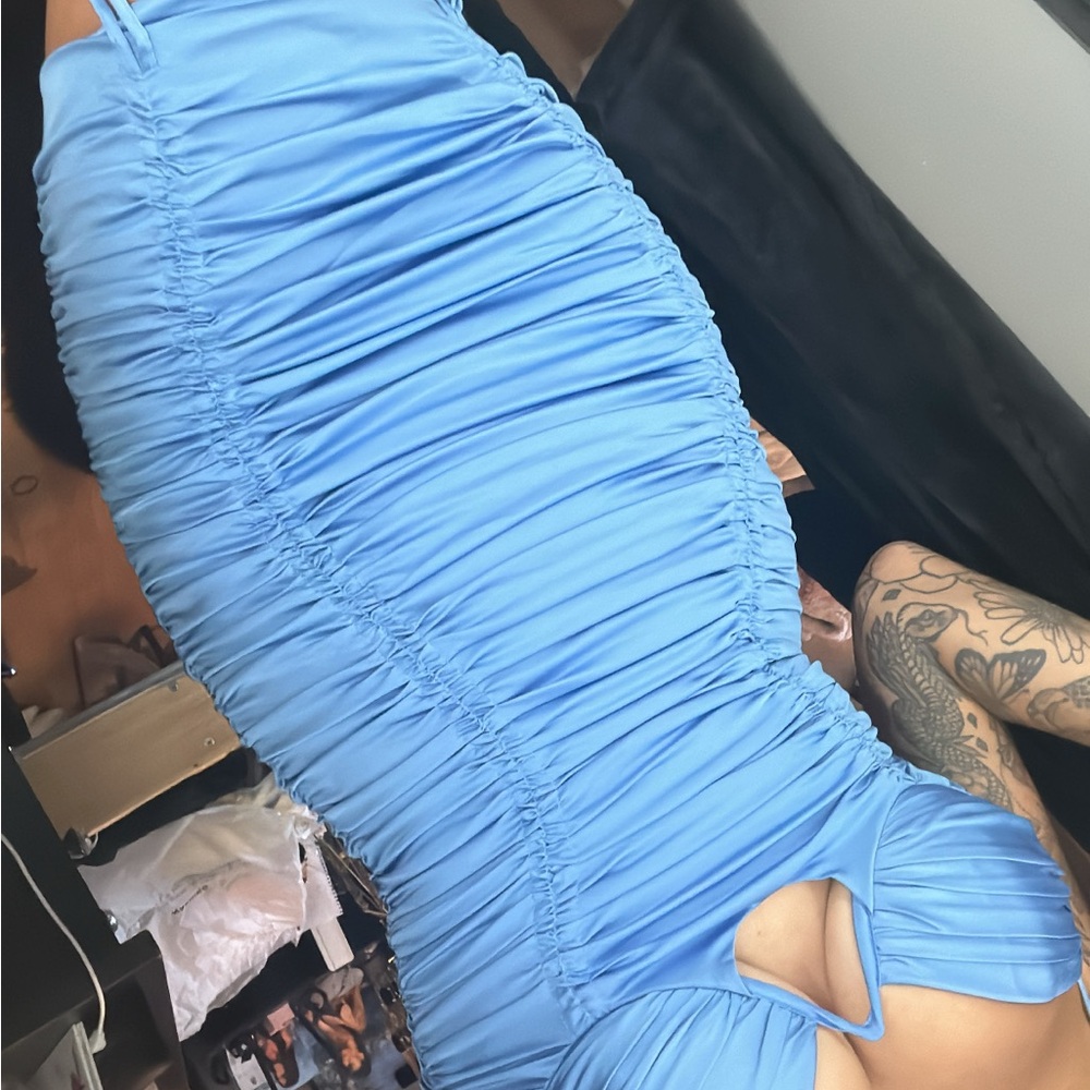 Blue Ruched Asymmetrical Mini Dress - Picture 2 of 8